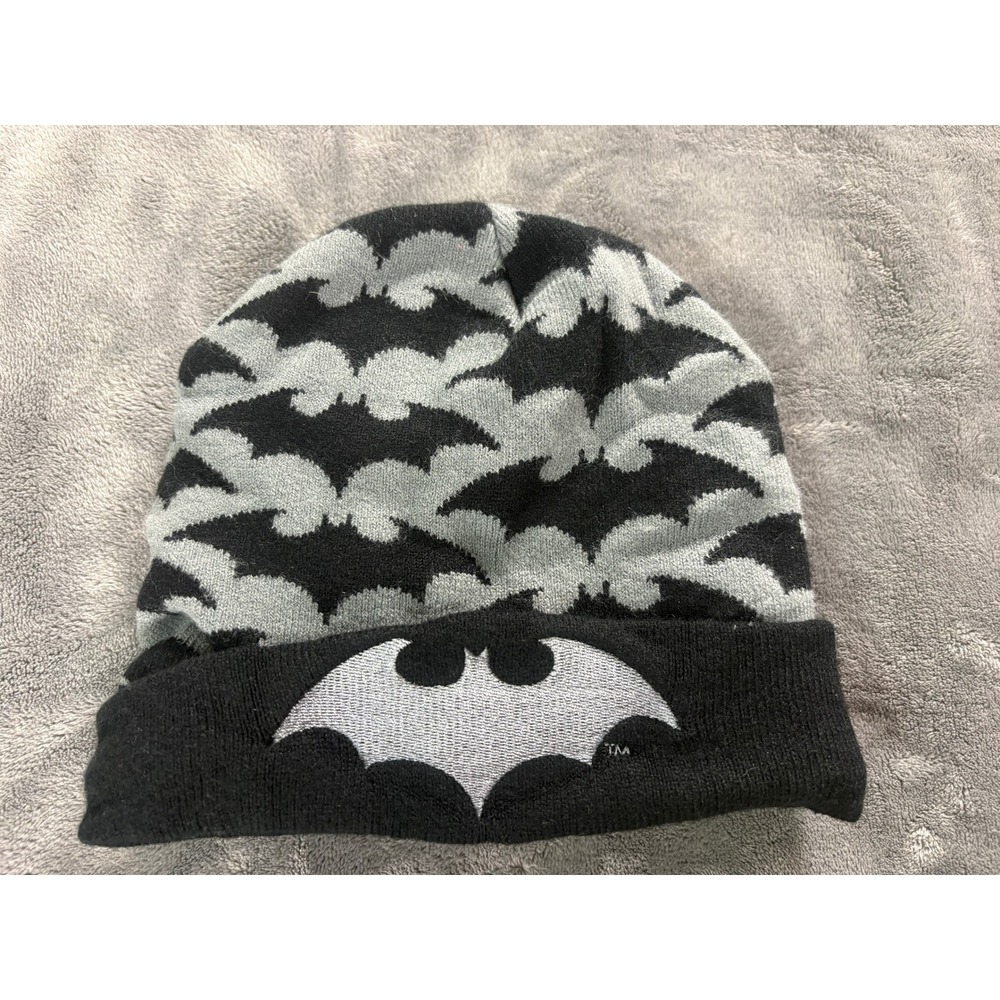 Batman Boys All Over Bat Signal Knit Beanie Hat OS Black Gray Embroidered Logo